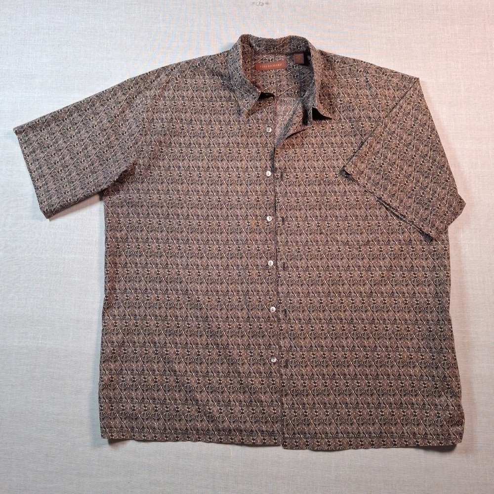 Tori Richard Button Down Mens 2XL Brown Geometric Hibiscus Floral Cotton Lawn